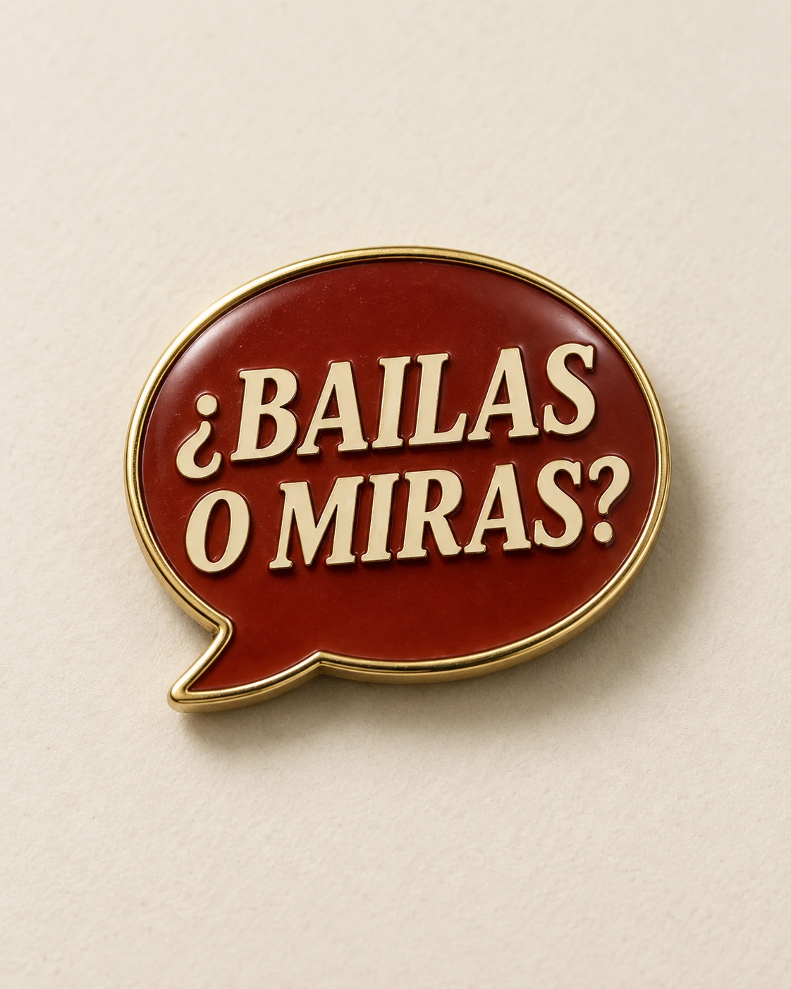 Individual ¿Bailas o miras? red and gold enamel pin concept on ivory.