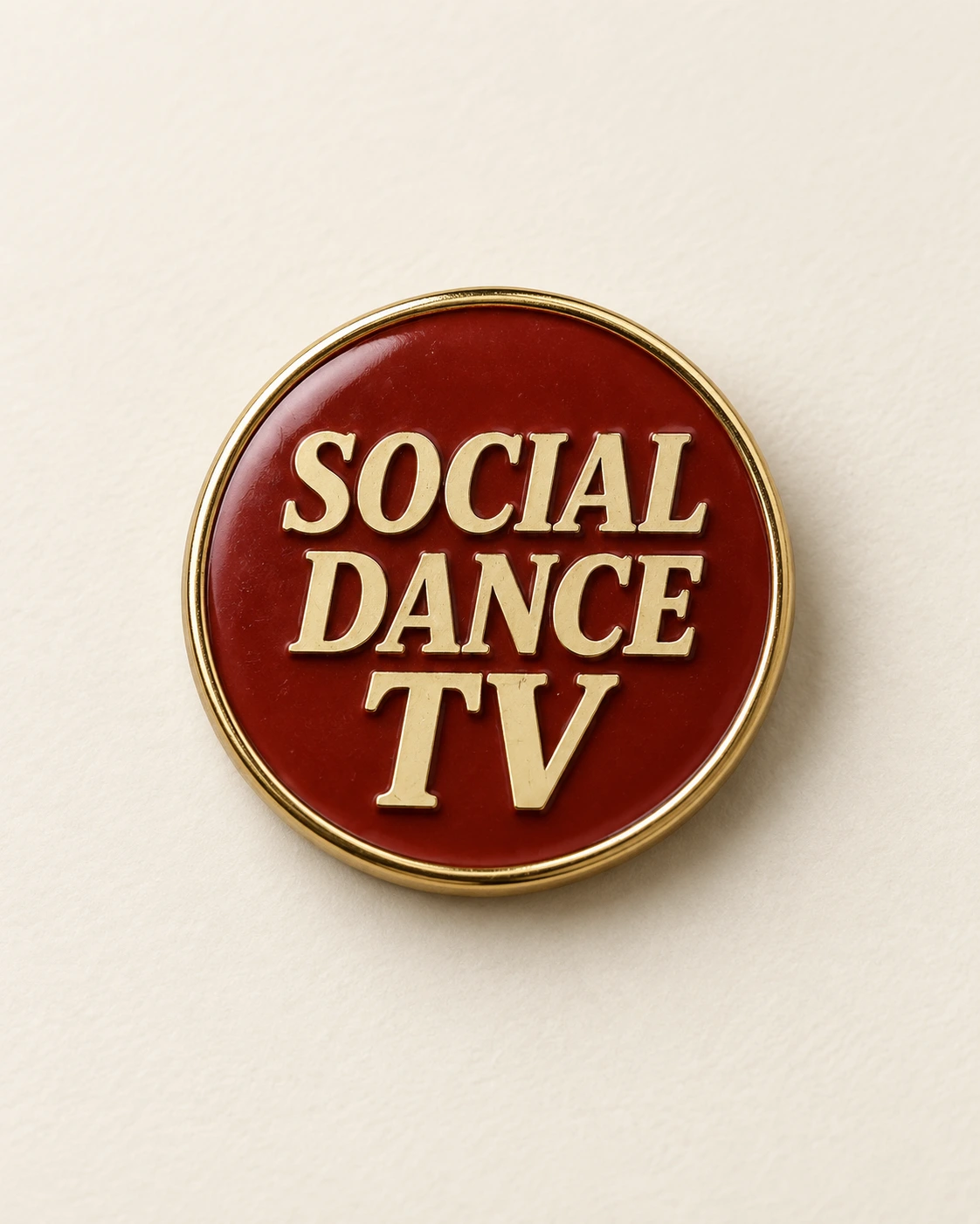 Individual Social Dance TV round red and gold enamel pin concept on ivory.